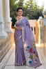 Lavender Linen Silk Saree with Multicolor Floral Print Woven Border