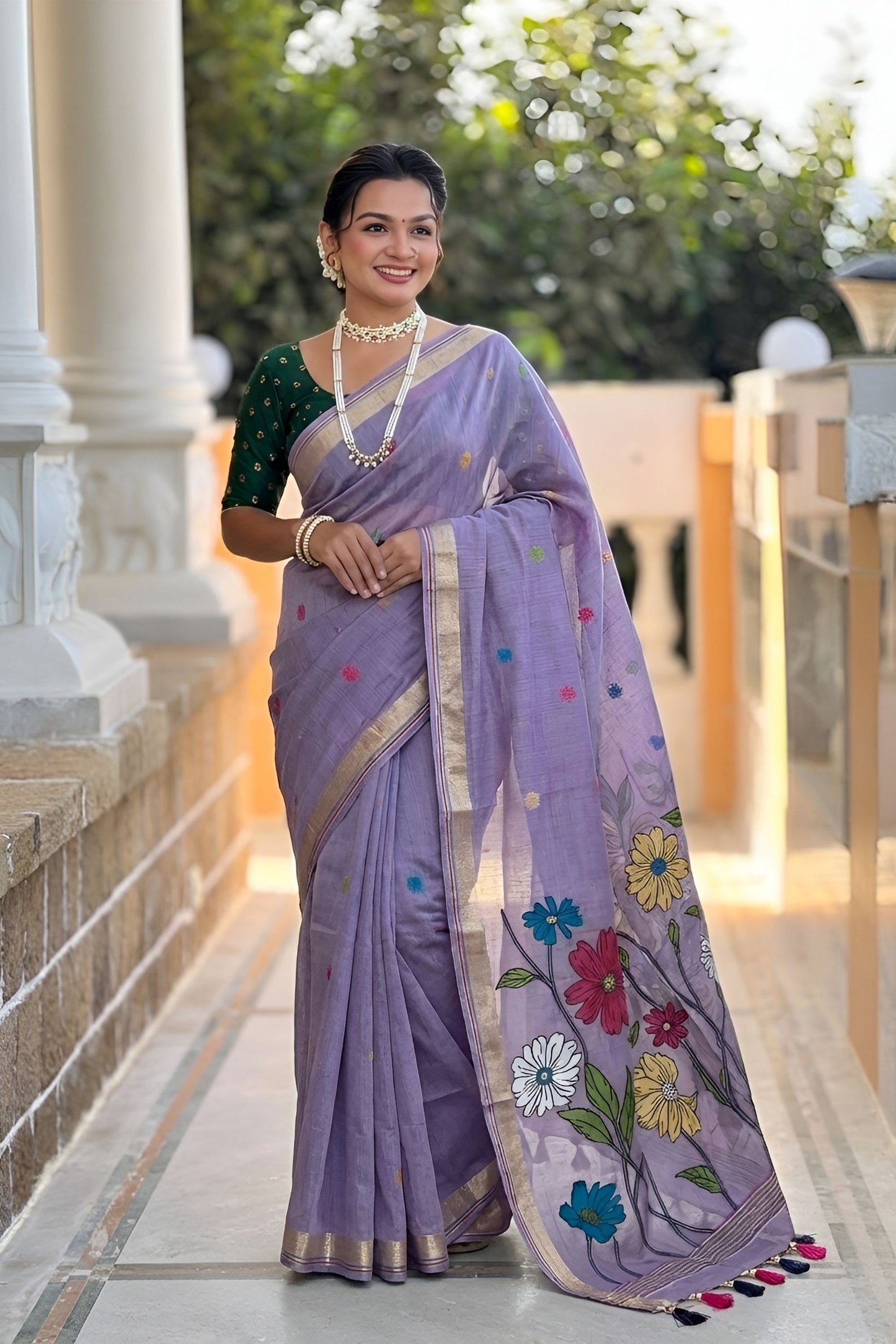 Lavender Linen Silk Saree with Multicolor Floral Print Woven Border