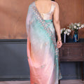 Peach and Sky Blue Embroidered Organza Silk Saree Designer Border