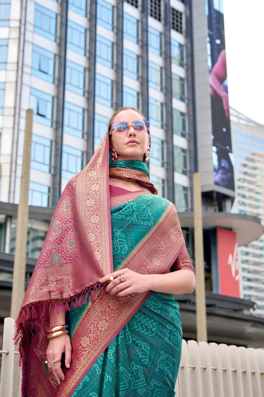 Elegant Teal Patola Print Silk Saree with Rich Maroon Zari Border