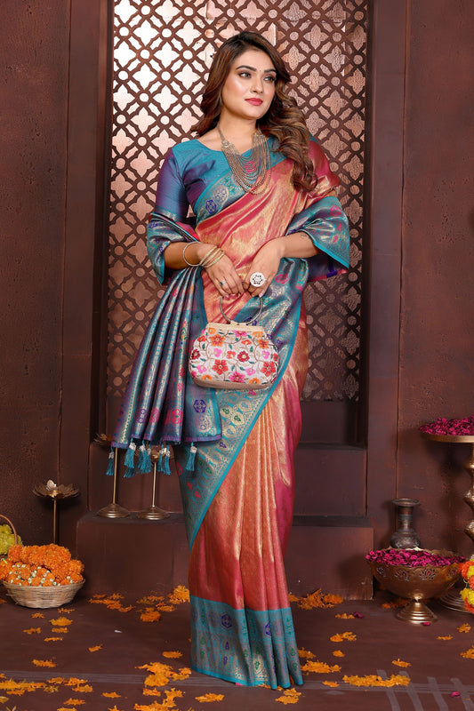 Pink Teal Banarasi Silk Saree with Rich Zari Weaving Designer Pallu