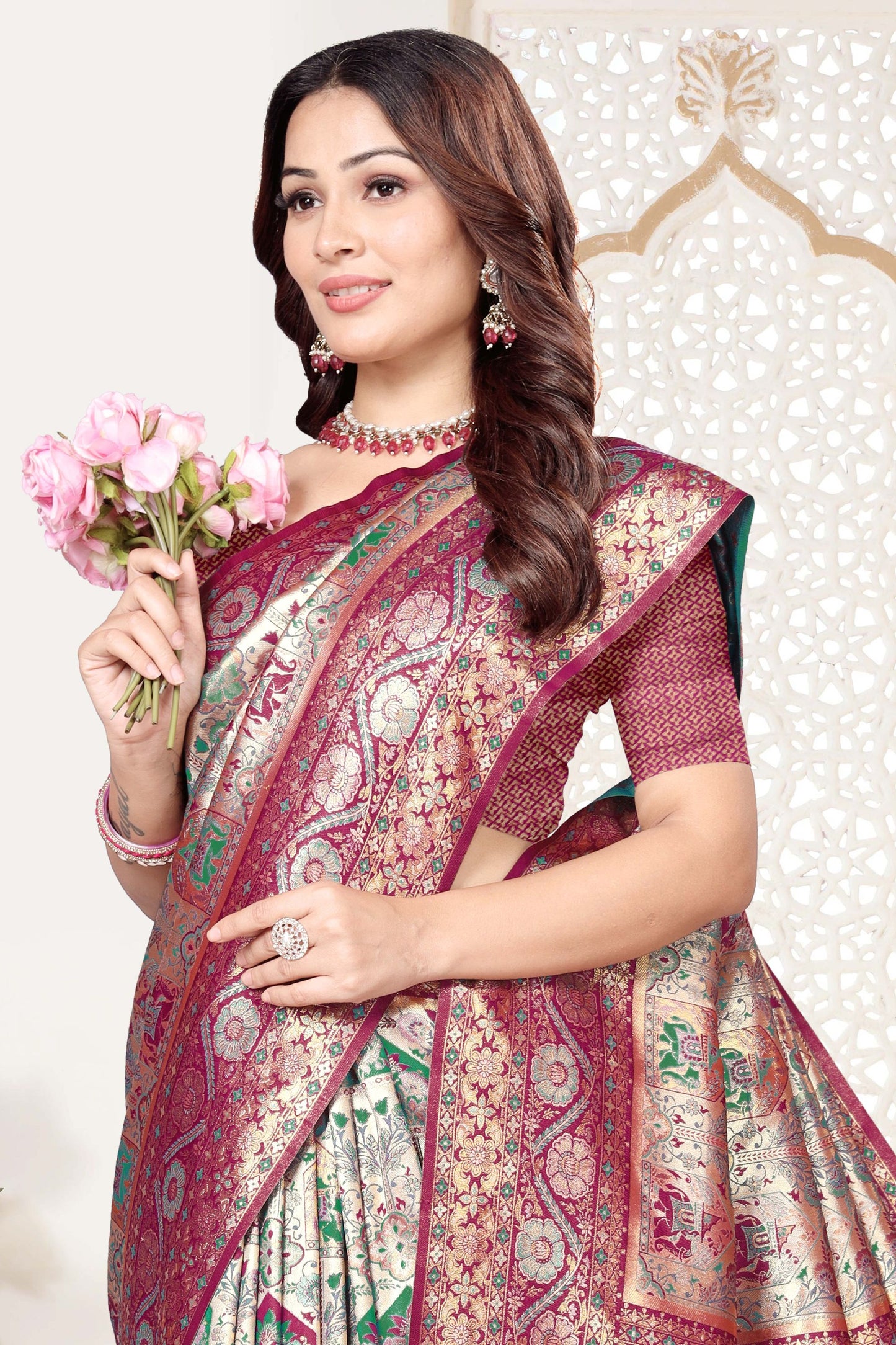 Maroon and Beige Banarasi Silk Saree with Rich Zari Woven Design