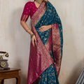 Teal Blue Banarasi Silk Saree Rich Pink Zari Border Floral Weaving Blouse