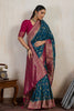Teal Blue Banarasi Silk Saree Rich Pink Zari Border Floral Weaving Blouse