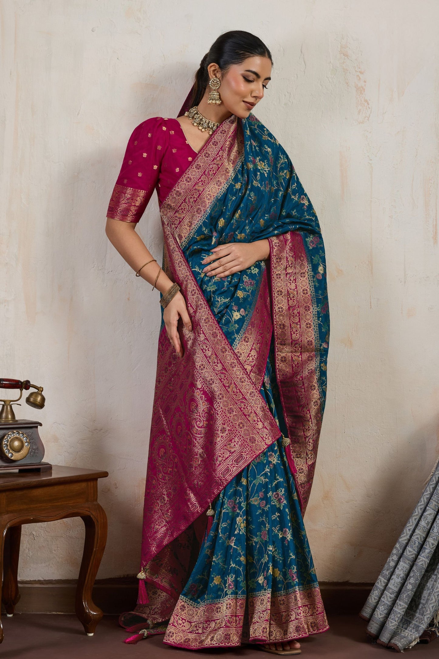 Teal Blue Banarasi Silk Saree Rich Pink Zari Border Floral Weaving Blouse