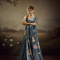 Blue Linen Silk Saree with Floral Digital Print Designer Tassel Pallu