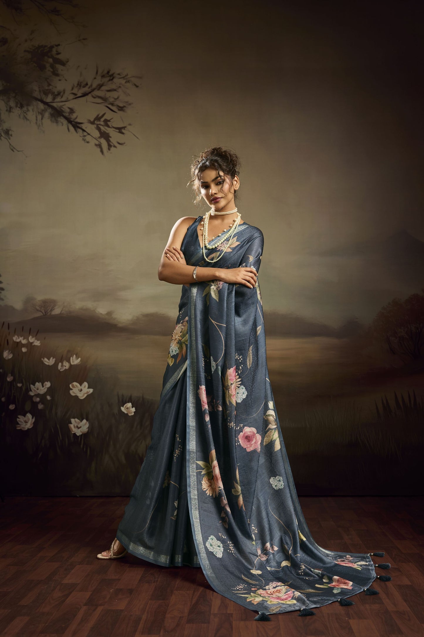 Blue Linen Silk Saree with Floral Digital Print Designer Tassel Pallu