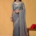 Grey Organza Silk Saree with Embroidered Border and Designer Blouse