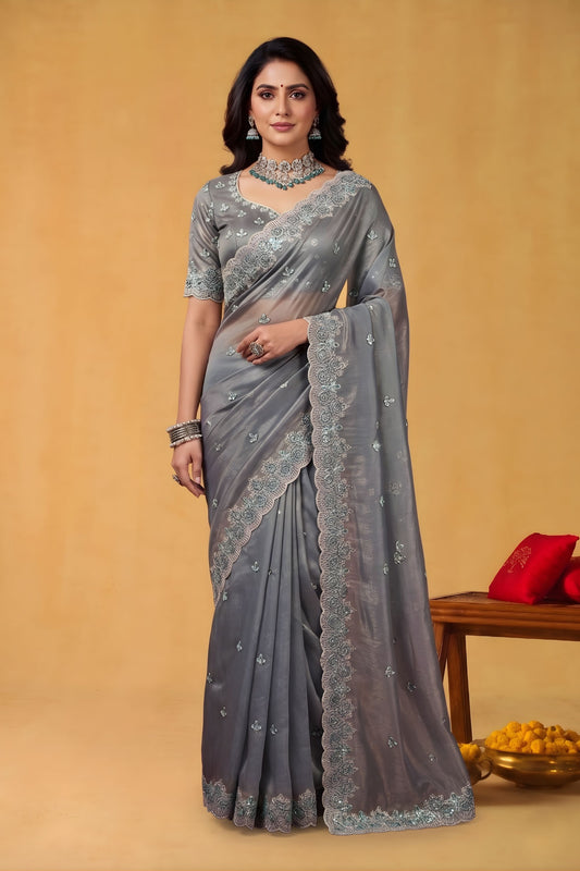 Grey Organza Silk Saree with Embroidered Border and Designer Blouse
