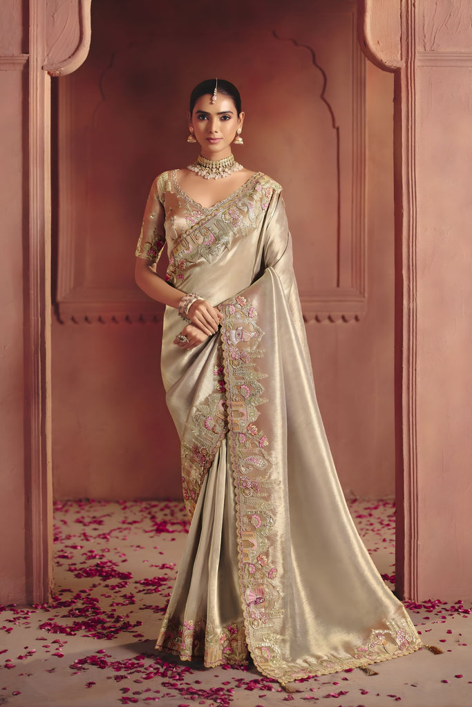 Gold Silk Bridal Saree Heavy Floral Zari Embroidery Designer Blouse