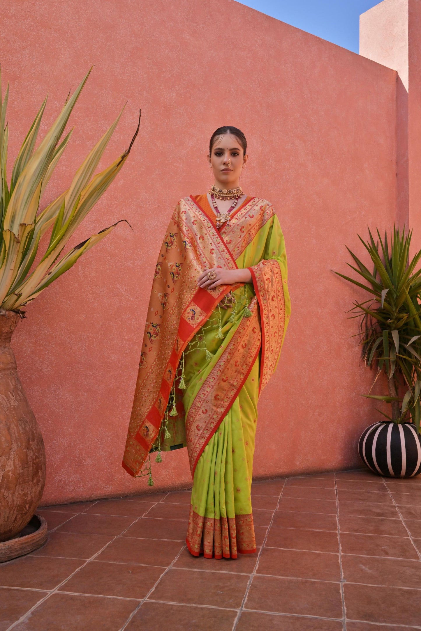 Lime Green and Orange Banarasi Silk Saree with Rich Zari  Designer Blouse
