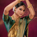 Traditional Gold Teal Green Kanjivaram Silk Saree with Rich Zari Border