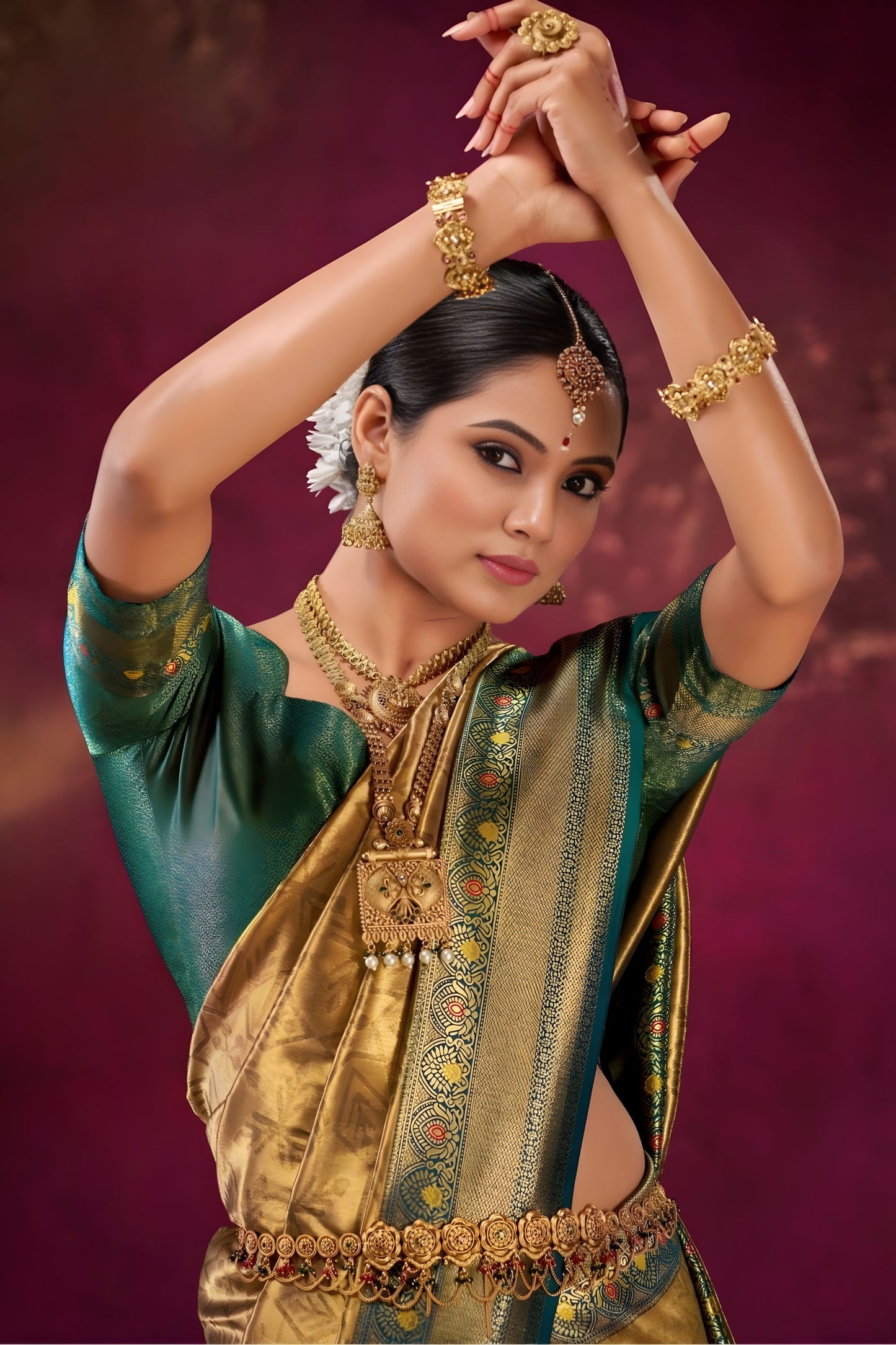 Traditional Gold Teal Green Kanjivaram Silk Saree with Rich Zari Border