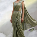 Olive Green Ready to Wear Designer Saree Embroidered Sleeveless Blouse