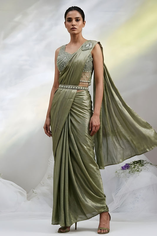 Olive Green Ready to Wear Designer Saree Embroidered Sleeveless Blouse