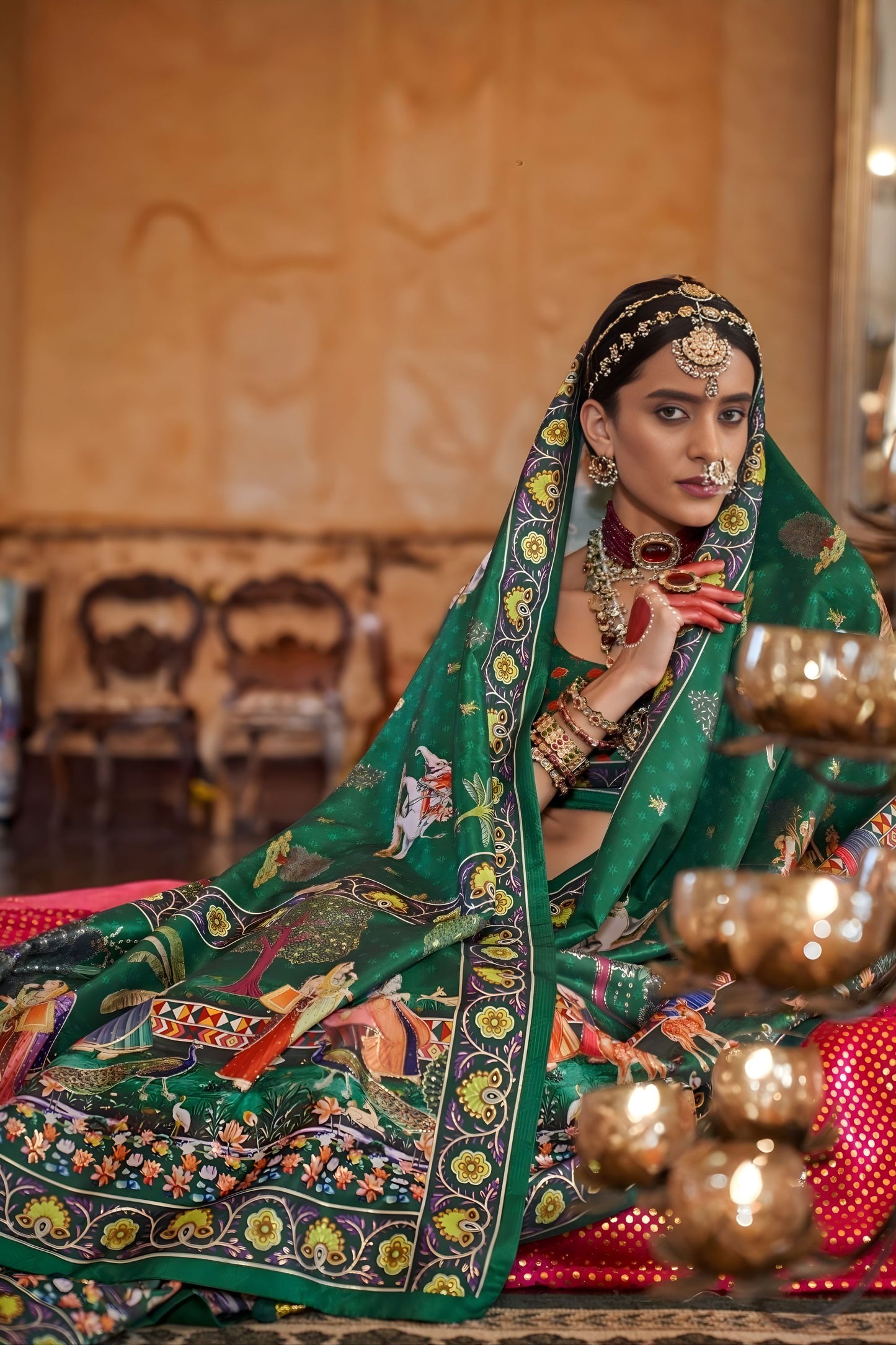 Royal Green Designer Silk Saree Rajasthani Print Heavy Saree