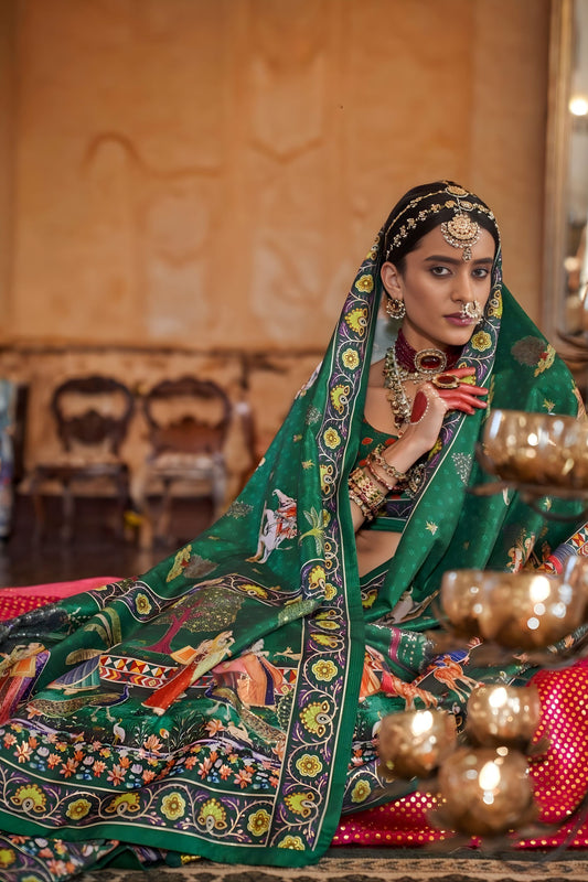 Royal Green Designer Silk Saree Rajasthani Print Heavy Saree