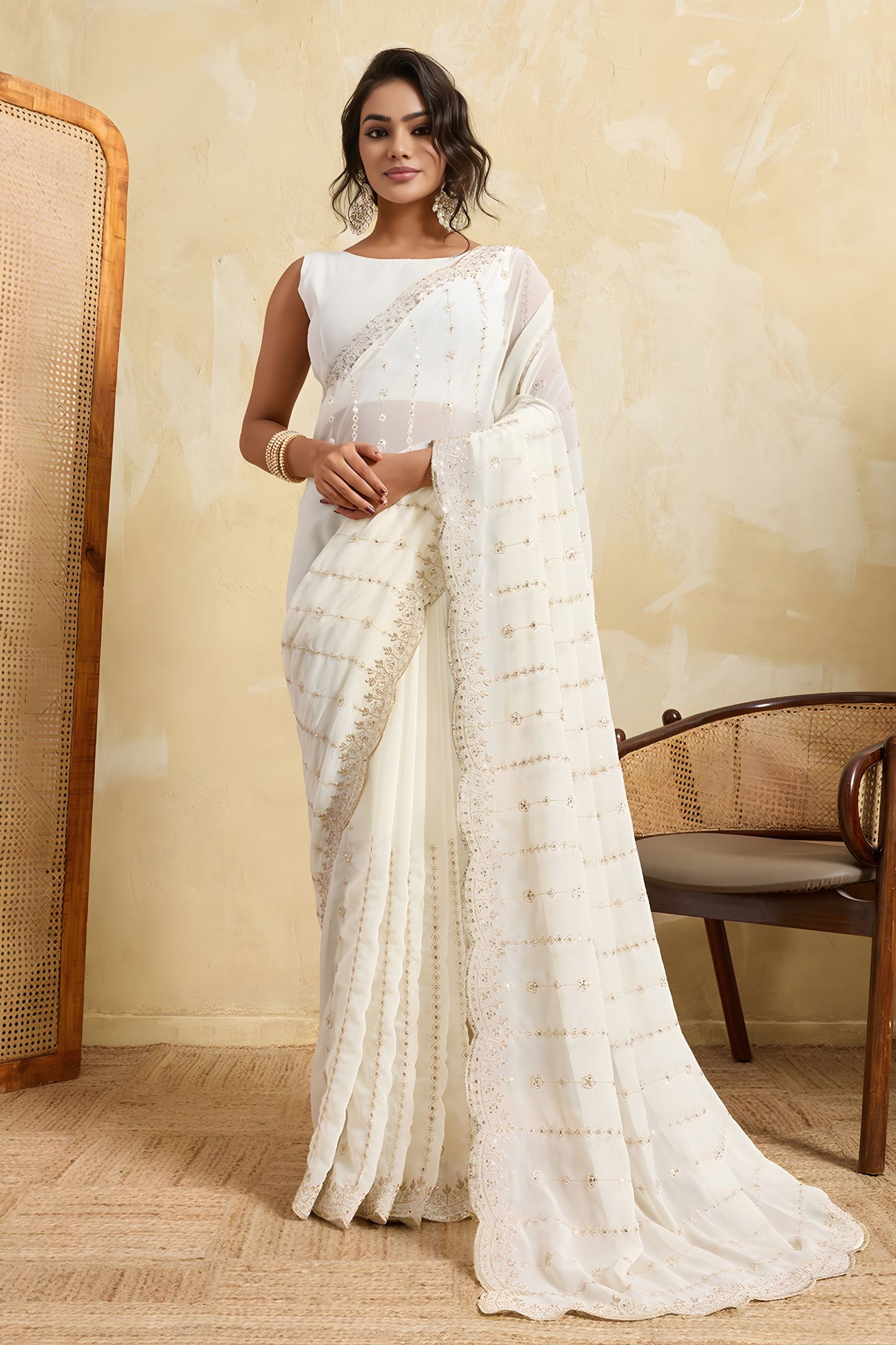 White Designer Saree with Embroidery Sequins Georgette Saree
