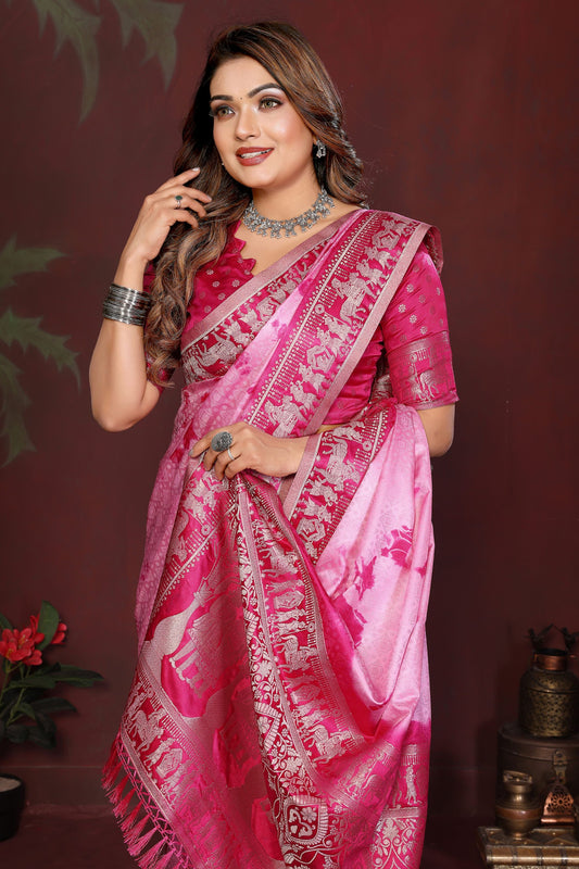 Pink Tie-Dye Silk Saree with Rani Pink Gold Woven Border