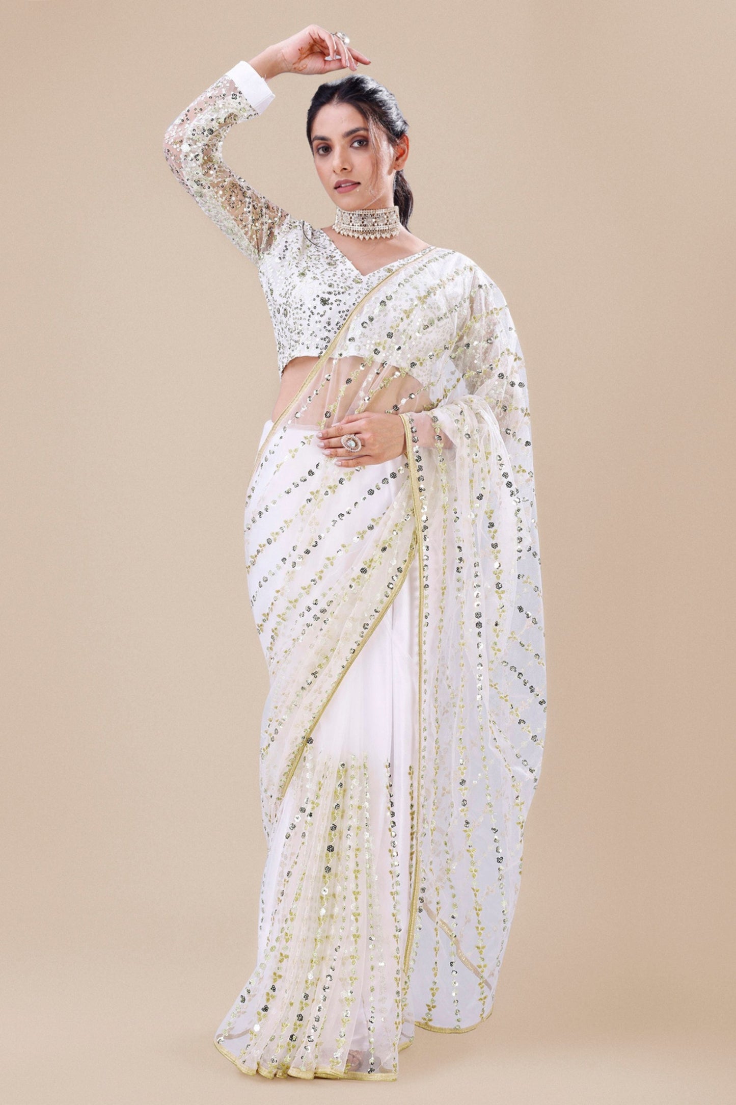 White Net Saree Gold Sequins Embroidery Designer Blouse