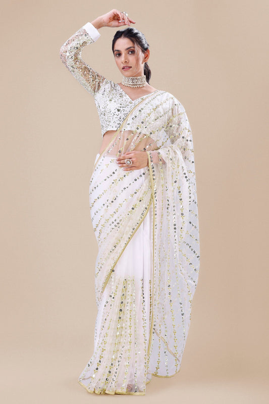 White Net Saree Gold Sequins Embroidery Designer Blouse