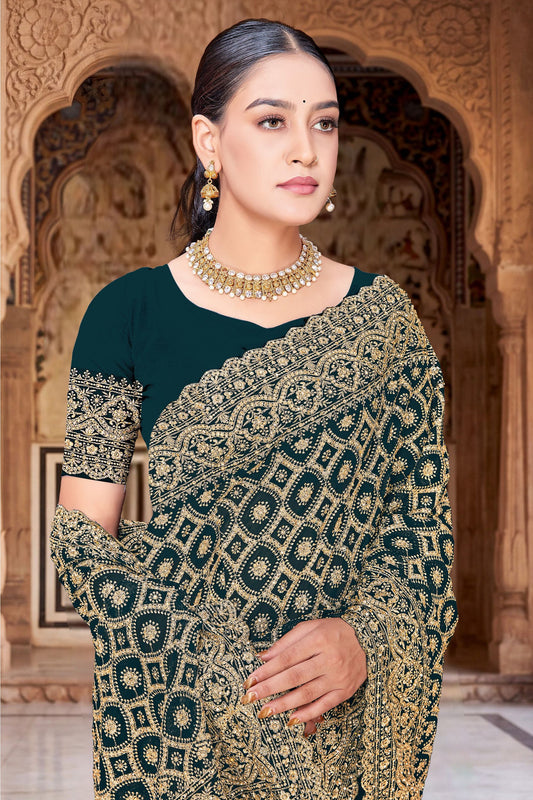 Dark Teal Green Georgette Saree Heavy Gold Zari Embroidery Designer Blouse