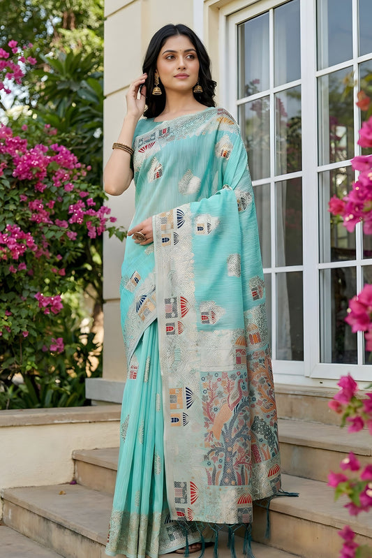 Aqua Blue Banarasi Silk Saree with Rich Woven Zari Pallu