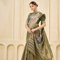 Elegant Sage Green Floral Printed Linen Cotton Saree