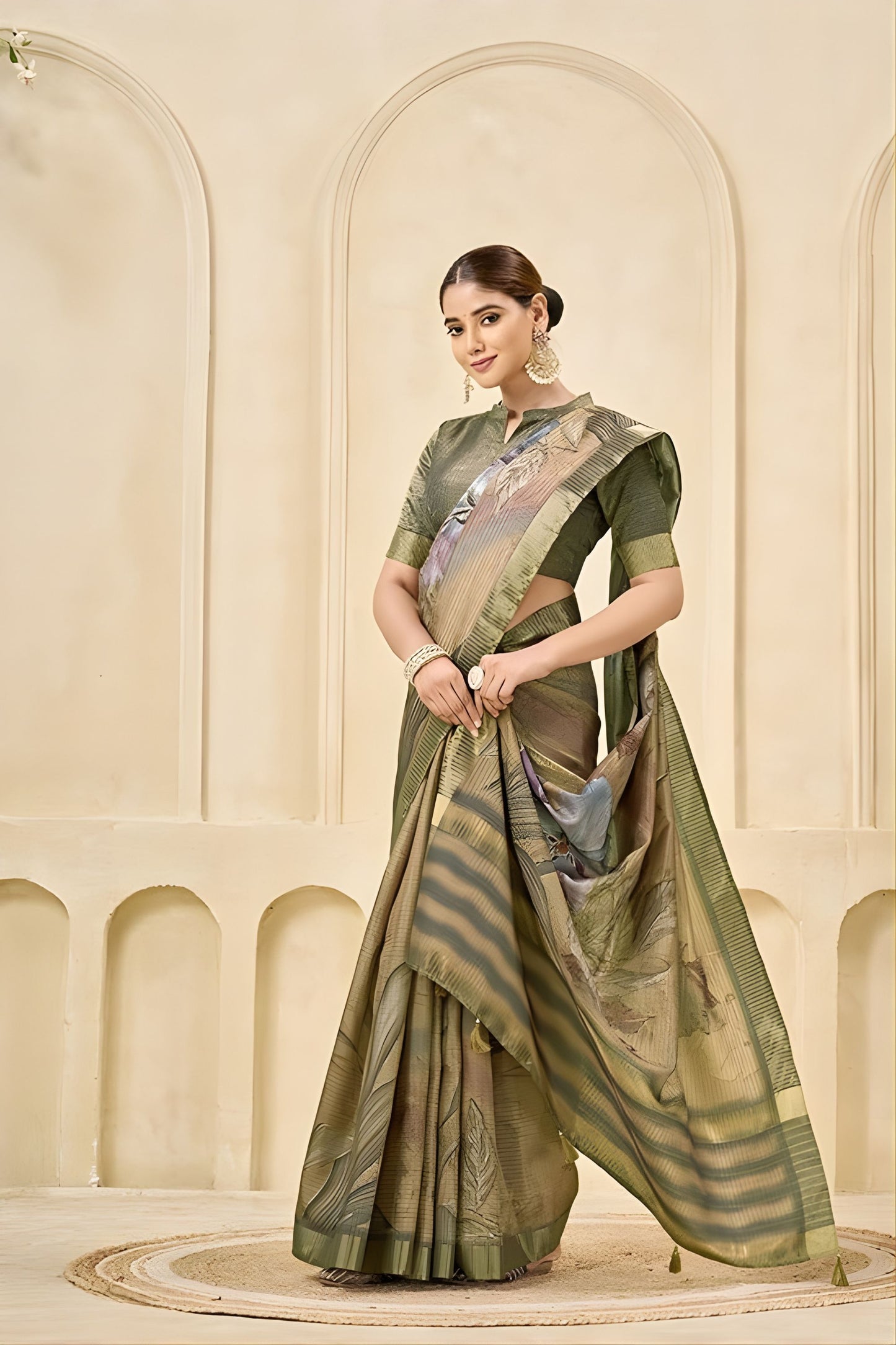Elegant Sage Green Floral Printed Linen Cotton Saree