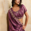 Wine Purple Silk Blend Saree Golden Zari Embroidery Designer Blouse