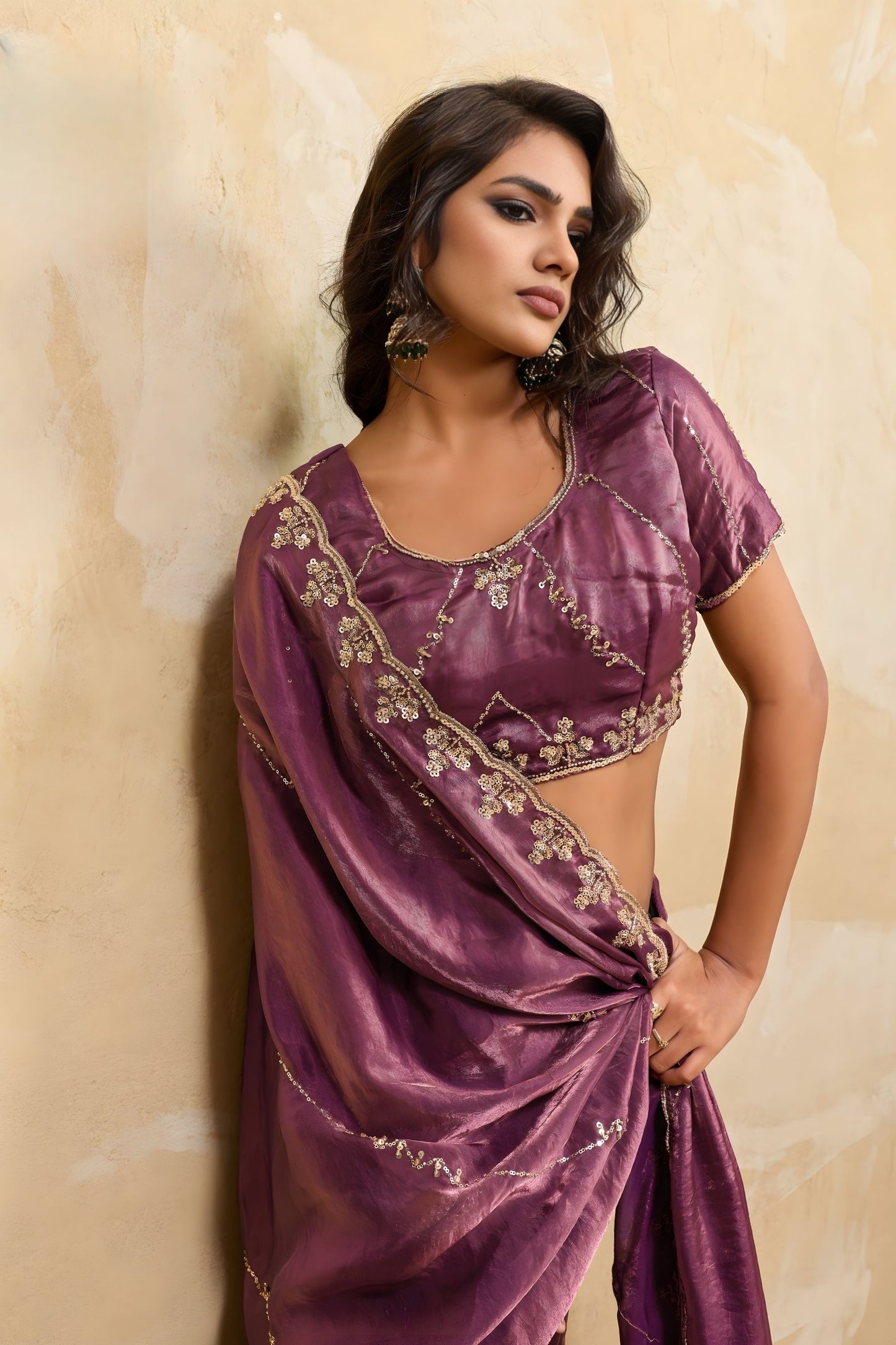 Wine Purple Silk Blend Saree Golden Zari Embroidery Designer Blouse