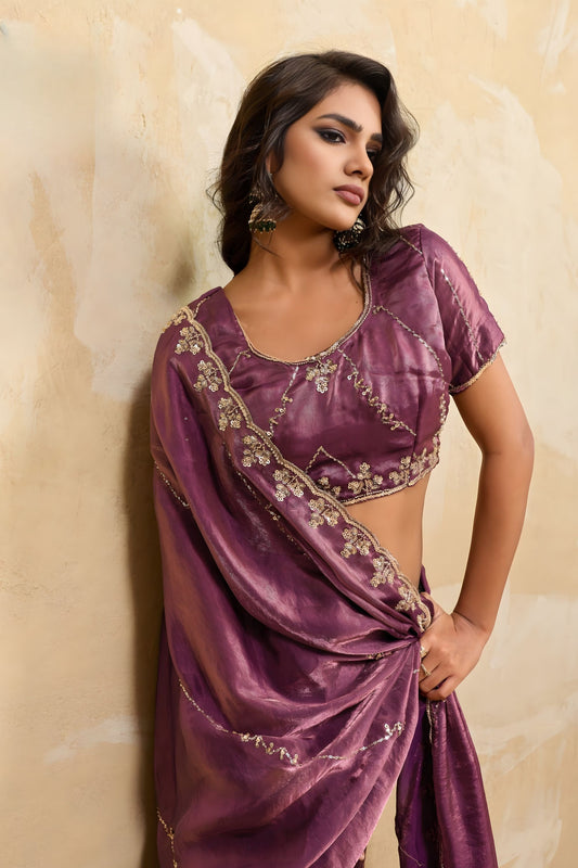 Wine Purple Silk Blend Saree Golden Zari Embroidery Designer Blouse