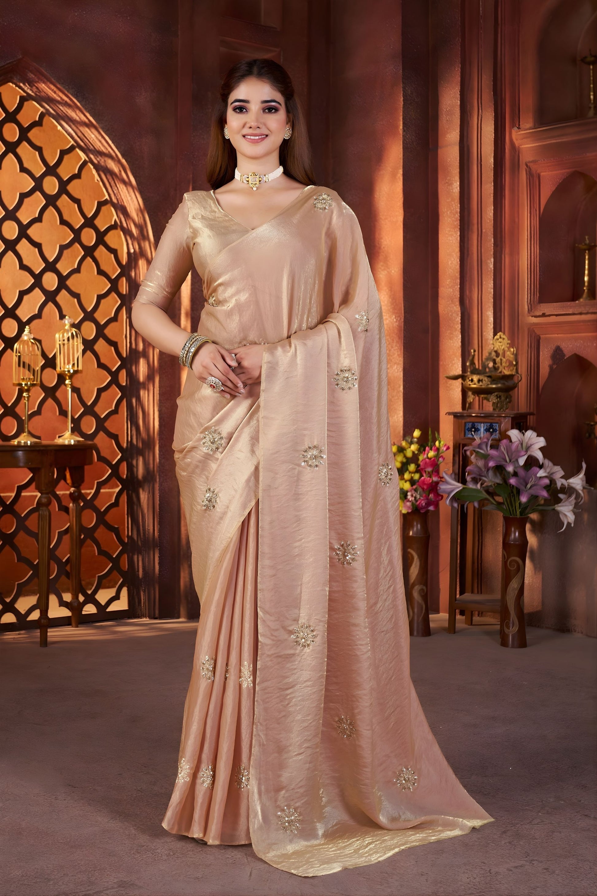 Peach Silk Saree with Zari Embroidery Butti Work Designer Blouse
