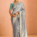 Silver Grey Soft Silk Saree with Zari Border Designer Blouse