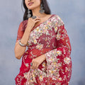 Designer Red Floral Embroidered Net Saree with Heavy Border