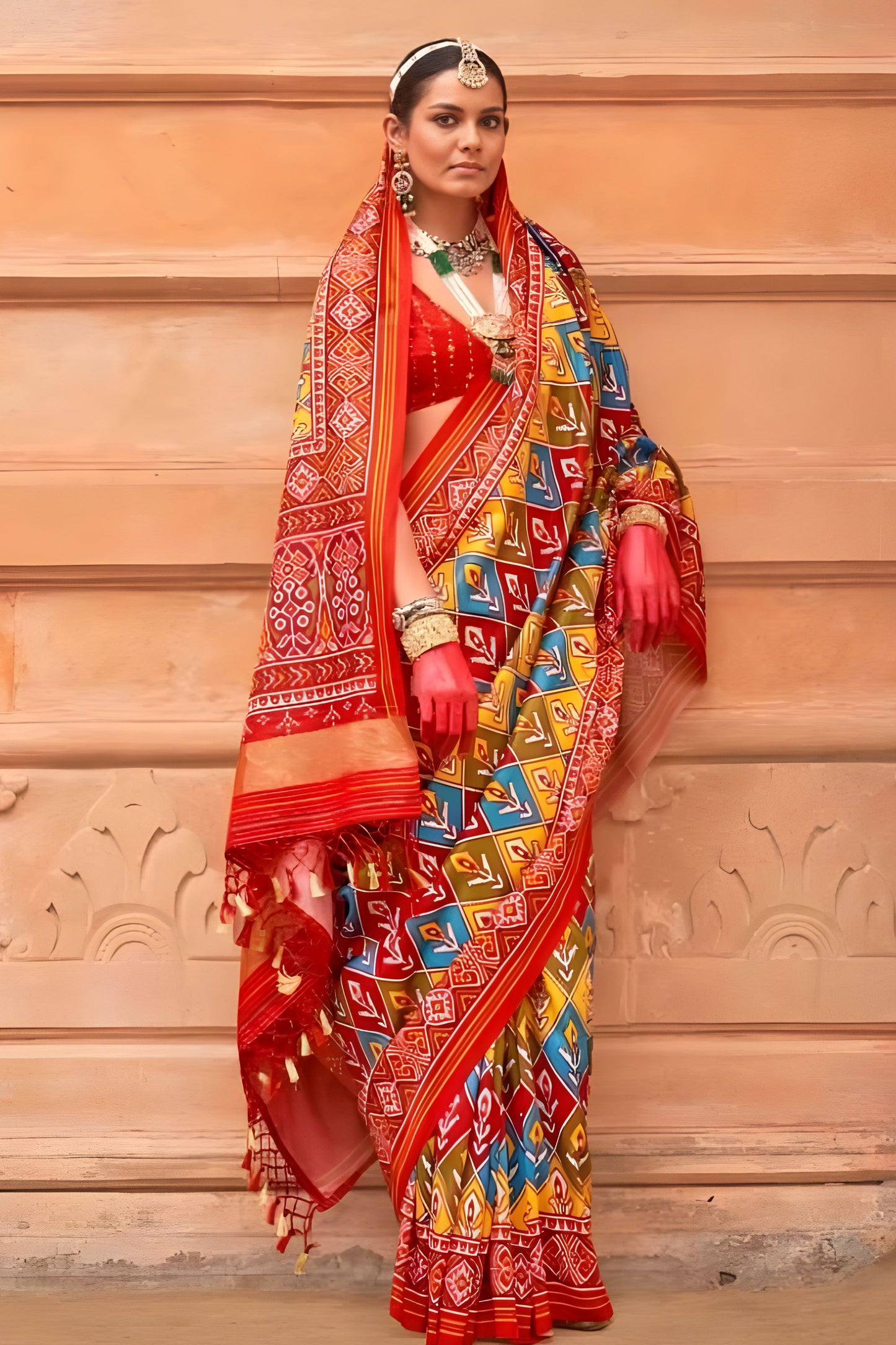 Traditional Multicolor Patola Print Silk Saree with Red Border Designer
