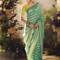 Sea Green Soft Silk Saree with Gold Zari Stripes Designer Blouse