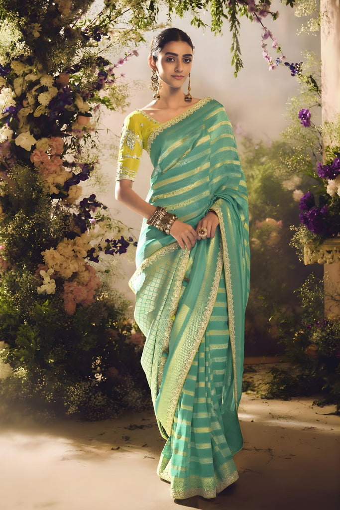 Sea Green Soft Silk Saree with Gold Zari Stripes Designer Blouse
