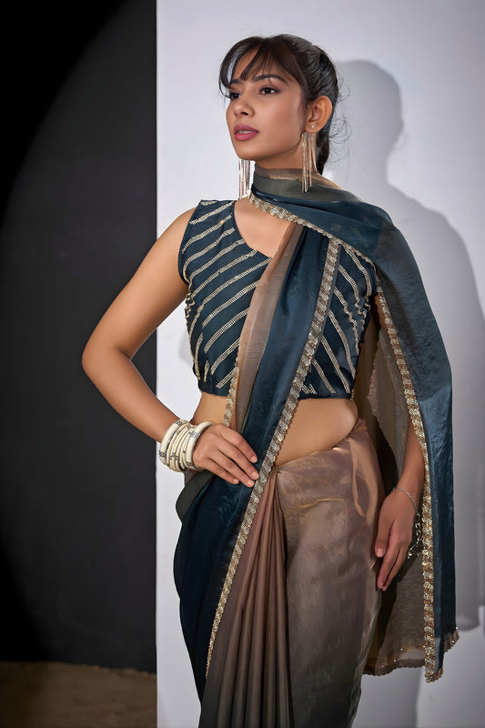 Dual Tone Dark Green Golden Brown Saree with Designer Border