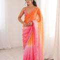 Peach Orange Hot Pink Ombre Organza Saree Embroidered Border