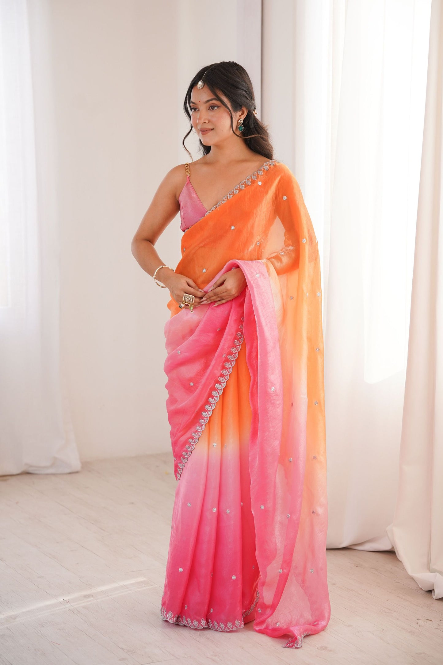 Peach Orange Hot Pink Ombre Organza Saree Embroidered Border