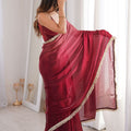 Wine Organza Silk Saree with Designer Golden Lace Border
