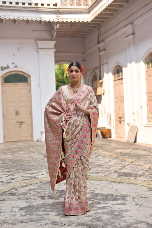 Beige Floral Silk Saree Pink Paisley Border Traditional Saree