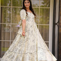 Elegant Off-White Floral Printed Anarkali Style Maxi Dress with Tie-Up Sleeves