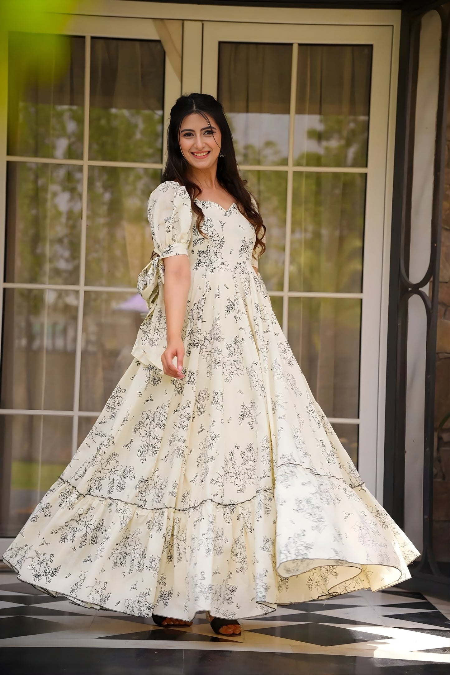 Elegant Off-White Floral Printed Anarkali Style Maxi Dress with Tie-Up Sleeves