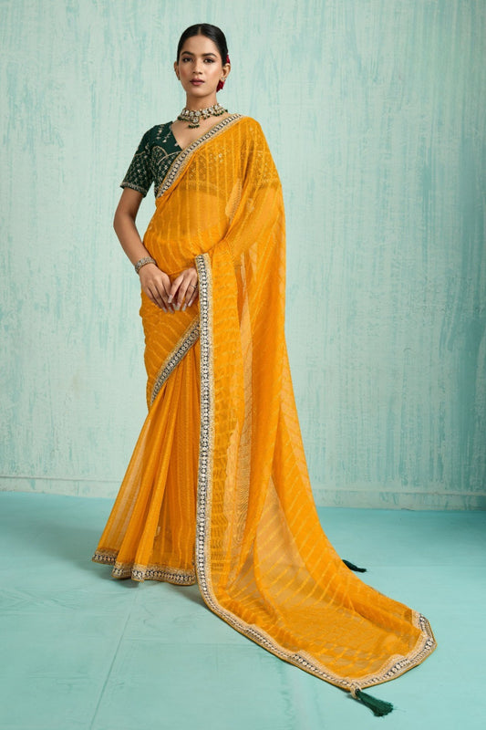 Designer Yellow Net Saree Green Blouse Party Wear Saree