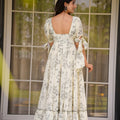 Elegant Off-White Floral Printed Anarkali Style Maxi Dress with Tie-Up Sleeves