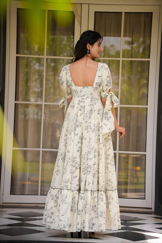 Elegant Off-White Floral Printed Anarkali Style Maxi Dress with Tie-Up Sleeves