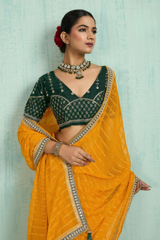 Designer Yellow Net Saree Green Blouse Party Wear Saree