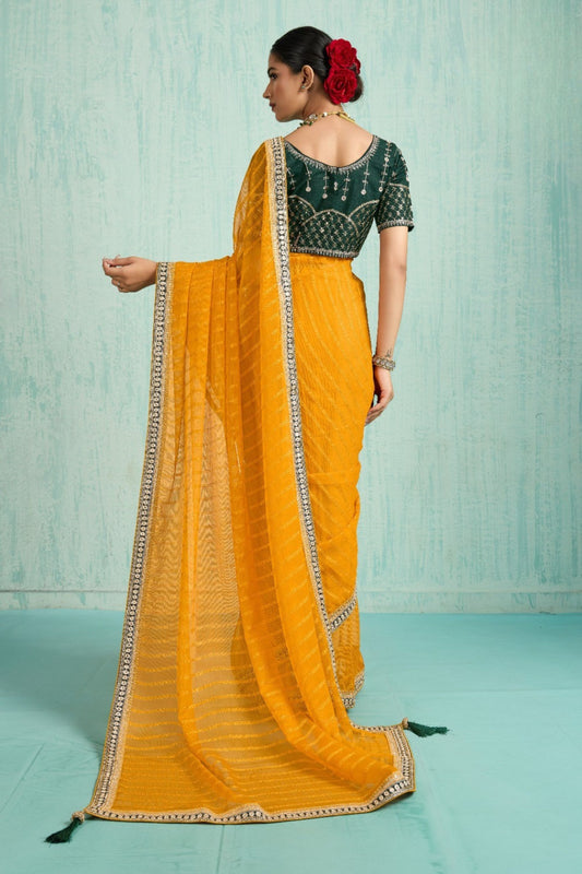 Designer Yellow Net Saree Green Blouse Party Wear Saree